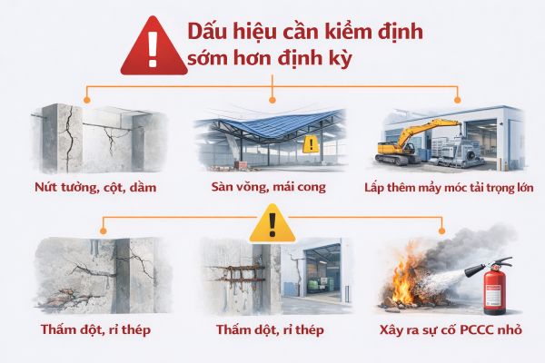 Rủi ro nếu không kiểm định nhà xưởng định kỳ như sập mái, nứt cột và mất an toàn lao động