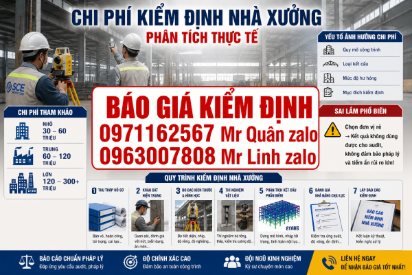 Chi phí kiểm định kết cấu nhà xưởng thực tế theo quy mô nhỏ trung lớn và các yếu tố ảnh hưởng đến báo giá kiểm định công trình