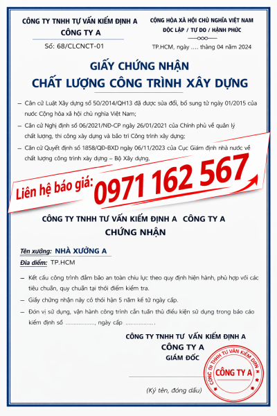 Giấy chứng nhận kiểm định chất lượng công trình xây dựng nhà xưởng