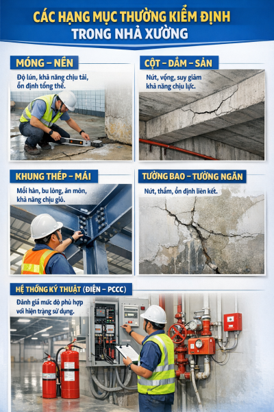 Hình ảnh minh họa các hạng mục thường được kiểm định trong nhà xưởng công nghiệp như móng nền, cột dầm sàn, khung thép mái, tường bao và hệ thống kỹ thuật điện – PCCC. Kiểm định giúp đánh giá khả năng chịu lực và đảm bảo công trình vận hành an toàn.