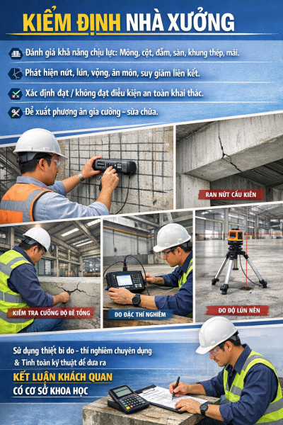 Kiểm định nhà xưởng đánh giá khả năng chịu lực kết cấu công trình công nghiệp
