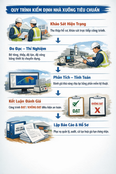 Quy trình kiểm định nhà xưởng tiêu chuẩn gồm khảo sát hiện trạng, đo đạc thí nghiệm, phân tích kết cấu và lập báo cáo đánh giá an toàn công trình