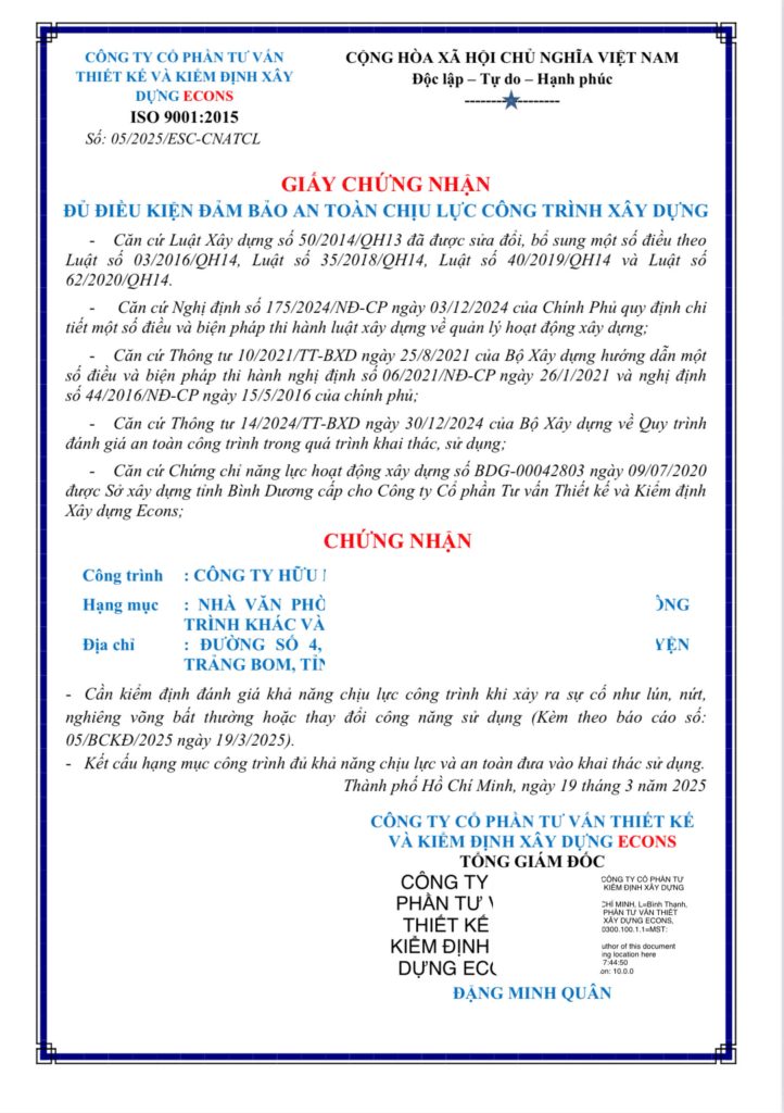 Giấy chứng nhận an toàn chịu lực công trình