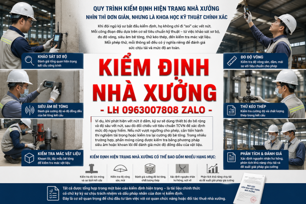 Quy trình kiểm định hiện trạng nhà xưởng gồm đo độ võng, siêu âm bê tông, thử kéo thép và đánh giá khả năng chịu lực công trình