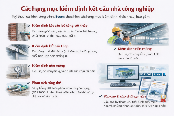 Các hạng mục kiểm định kết cấu nhà công nghiệp gồm bê tông, thép, nền móng và phân tích tải trọng