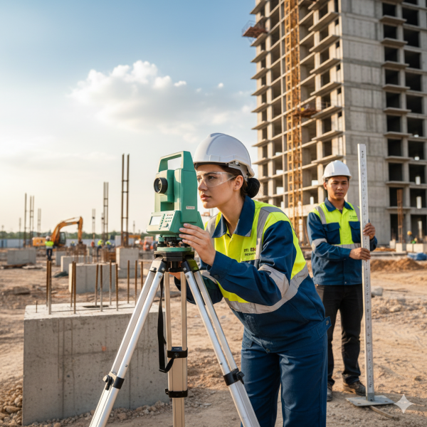 Kỹ sư thực hiện quan trắc lún nghiêng công trình bằng thiết bị đo chuyên dụng