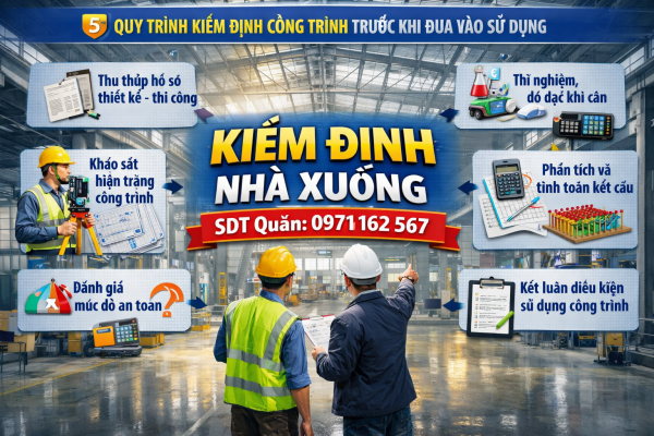 Quy trình kiểm định nhà xưởng trước khi đưa vào sử dụng gồm khảo sát hiện trạng, thí nghiệm, phân tích kết cấu và đánh giá an toàn công trình