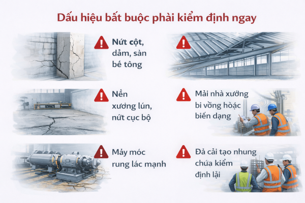 Dấu hiệu bắt buộc phải kiểm định nhà xưởng ngay khi nứt cột, võng mái, lún nền