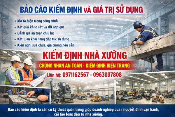 Báo cáo kiểm định nhà xưởng gồm mô tả hiện trạng, kết quả thí nghiệm, đánh giá an toàn chịu lực và kiến nghị sửa chữa gia cường
