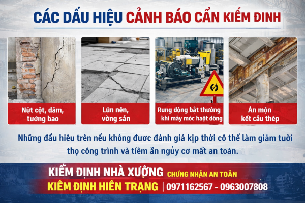 Các dấu hiệu cảnh báo cần kiểm định nhà xưởng như nứt cột dầm, lún nền, rung động máy móc và ăn mòn kết cấu thép