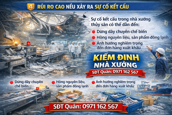Rủi ro sự cố kết cấu trong nhà xưởng thủy sản gây dừng dây chuyền, hỏng hàng đông lạnh và ảnh hưởng đơn hàng xuất khẩu