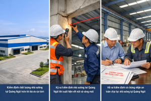 Kỹ sư kiểm định chất lượng nhà xưởng tại Quảng Ngãi đang đo kiểm tra kết cấu mái và cột thép trong nhà xưởng công nghiệp