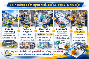 Kỹ sư kiểm định chất lượng nhà xưởng tại Bình Định đang khảo sát kết cấu và đánh giá khả năng chịu lực công trình