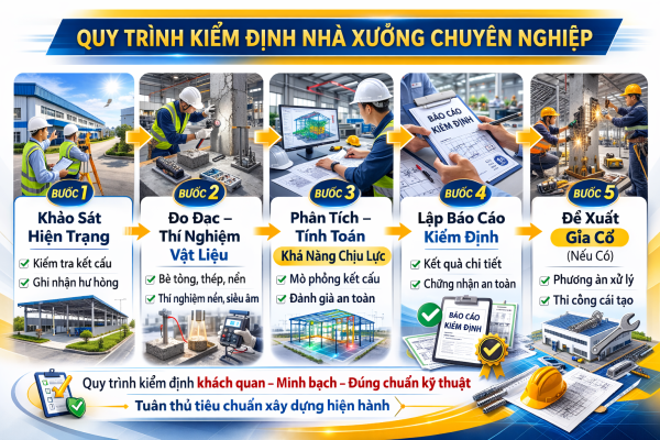 Kỹ sư kiểm định chất lượng nhà xưởng tại Bình Định đang khảo sát kết cấu và đánh giá khả năng chịu lực công trình