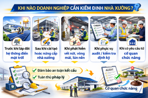 Infographic kiểm định chất lượng nhà xưởng tại Ninh Thuận và danh sách hạng mục đánh giá khả năng chịu lực công trình