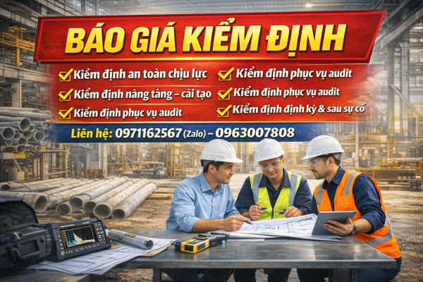 Báo giá kiểm định nhà xưởng gồm kiểm định an toàn chịu lực, nâng tầng cải tạo, kiểm định audit FDI ISO và kiểm định định kỳ công trình