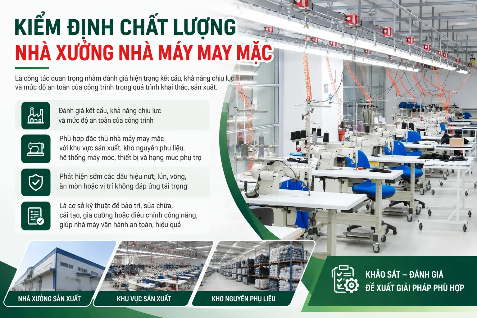 Kiểm định chất lượng nhà xưởng nhà máy may mặc là công tác quan trọng nhằm đánh giá hiện trạng kết cấu