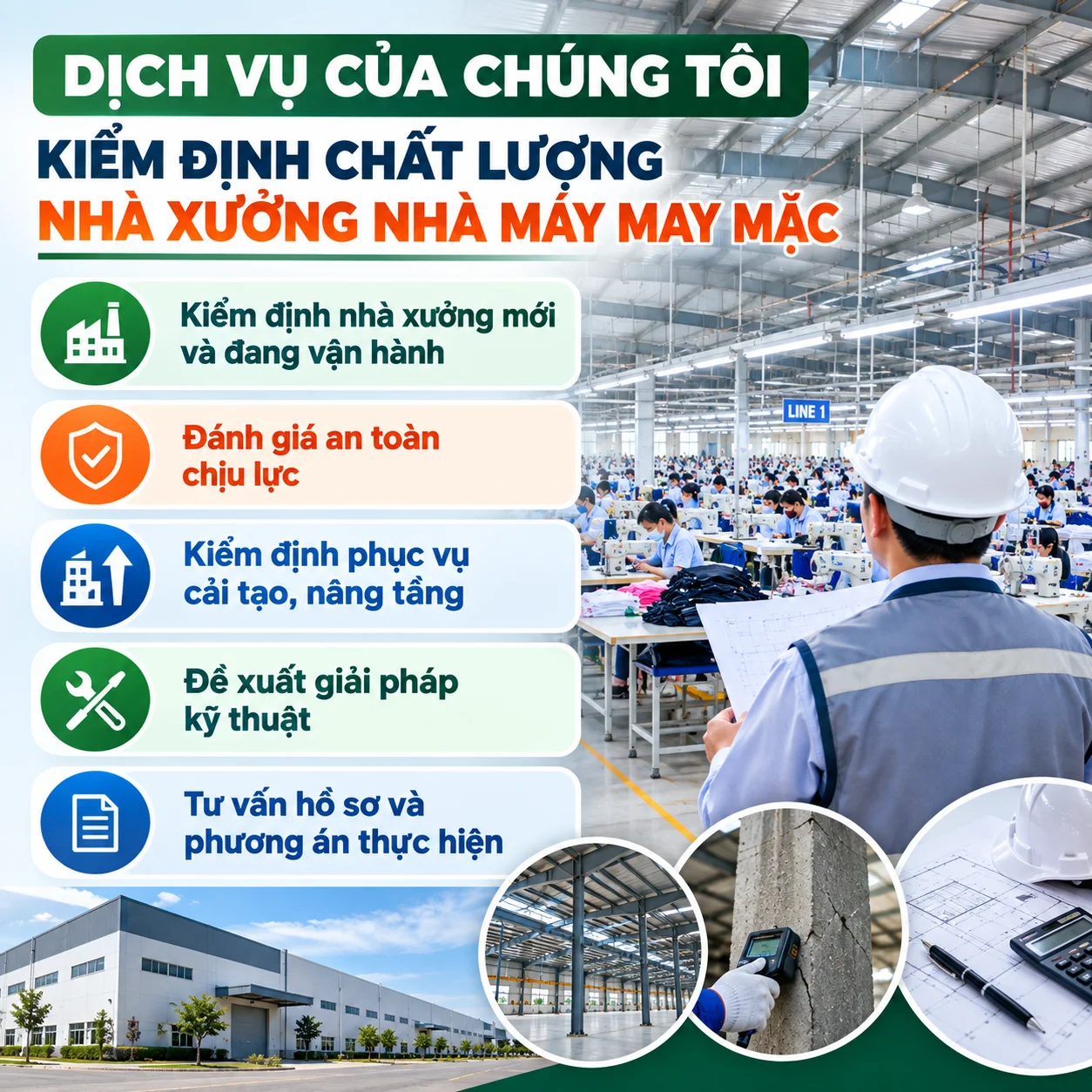 dịch vụ kiểm định chất lượng nhà xưởng nhà máy may mặc theo hiện trạng và nhu cầu thực tế của doanh nghiệp, từ nhà xưởng mới xây dựng đến công trình đã vận hành nhiều năm.